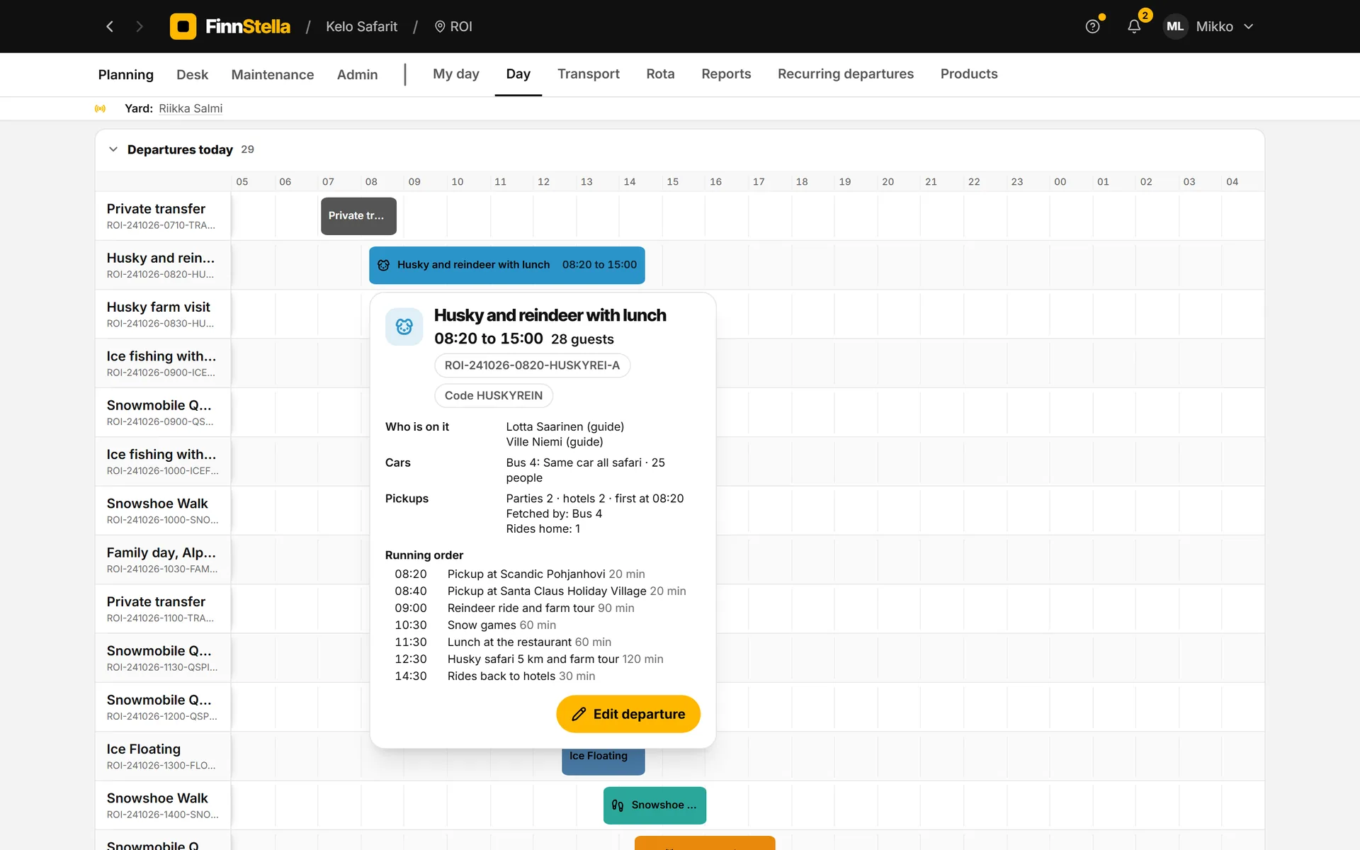 FinnStella planner: departure details with assigned guides, cars, hotel pickups and running order