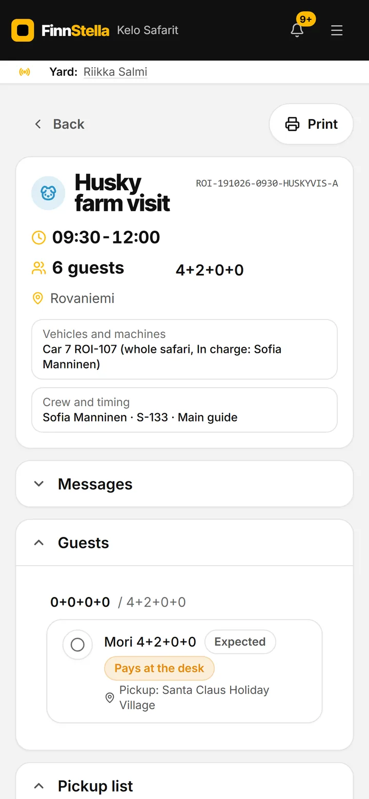 FinnStella guide app on a phone: husky farm visit departure with guests, vehicle and pickup