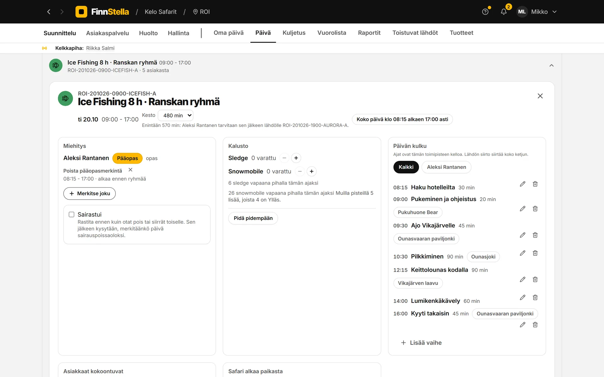 FinnStellan lähtöpaneeli: miehitys, varusteet, asiakkaat, noudot ja safarin viestiketju