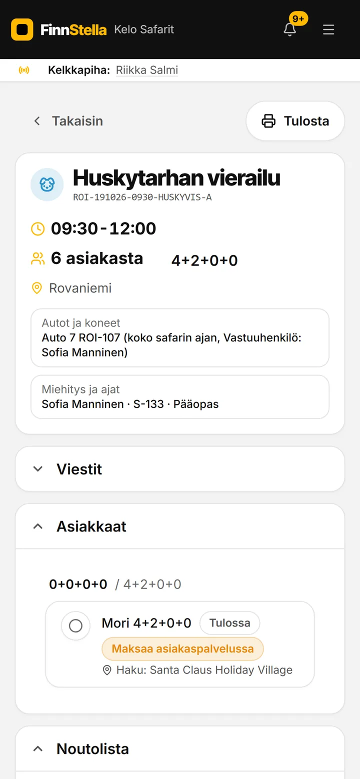 FinnStellan oppaan sovellus puhelimessa: huskytarhan vierailun tiedot, asiakkaat, auto ja nouto